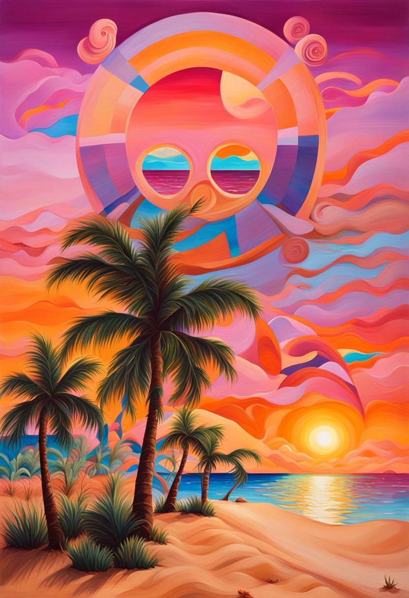 Fantasy Beach Sunset in Vibrant Oil Painting Style