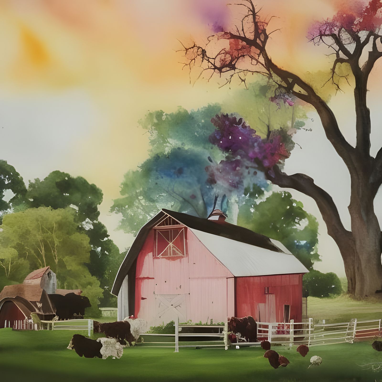 Pastoral Farmhouse Watercolor Landscape Painting