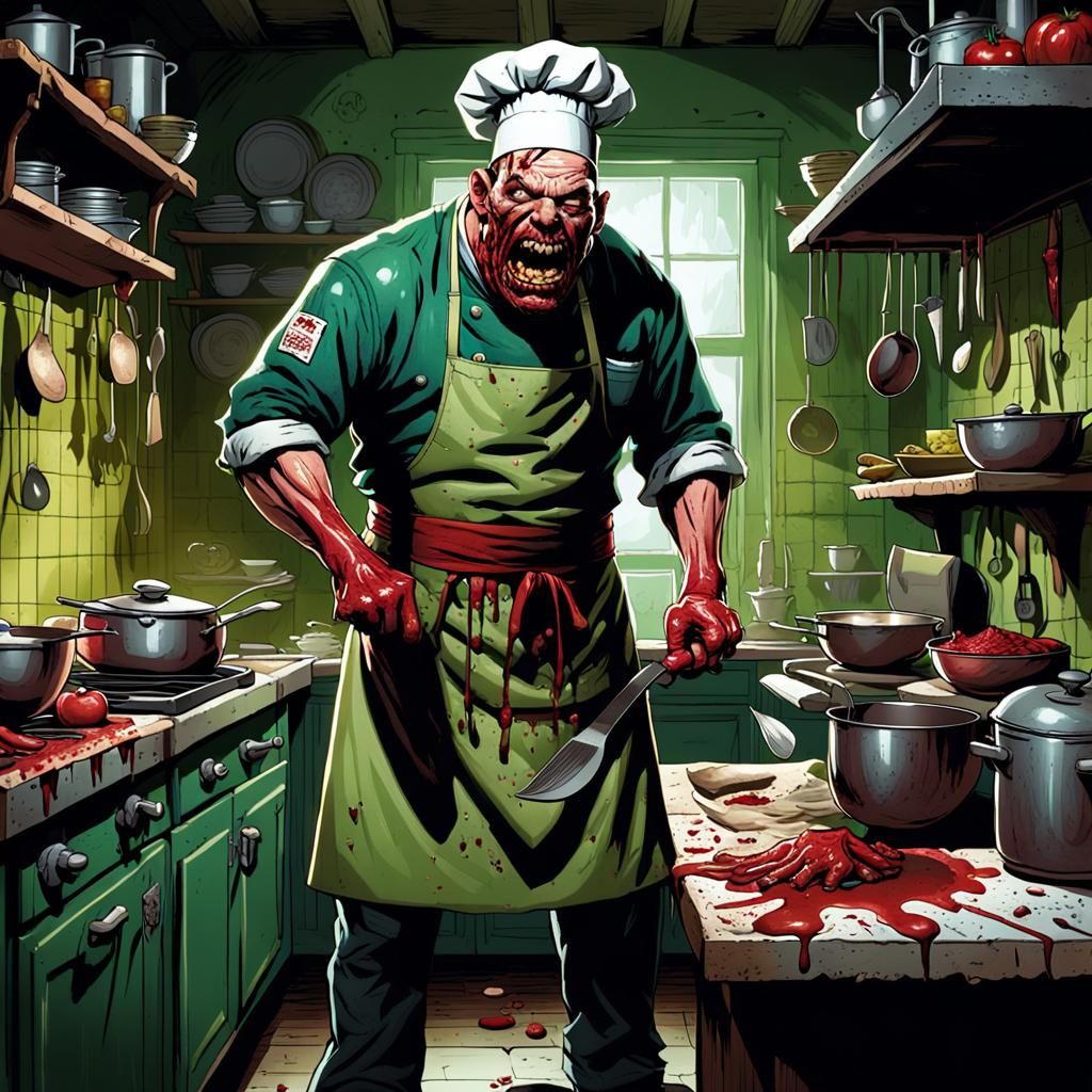 Insane Chef in Grimy Kitchen: Comic Book Horror Art