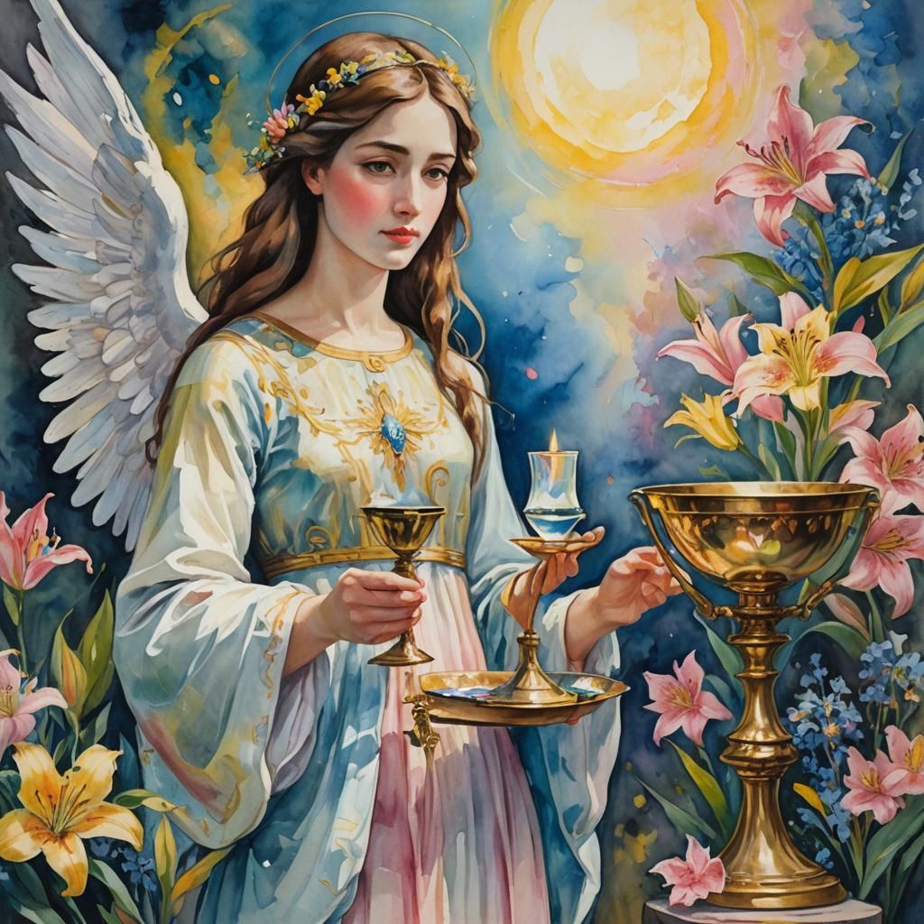 Figures Gazing at Chalice in Impressionist Watercolor