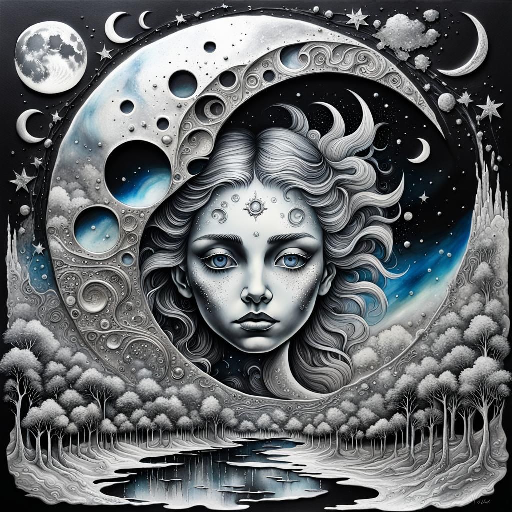 Surreal Silver Moon Double Exposure Rococo Painting
