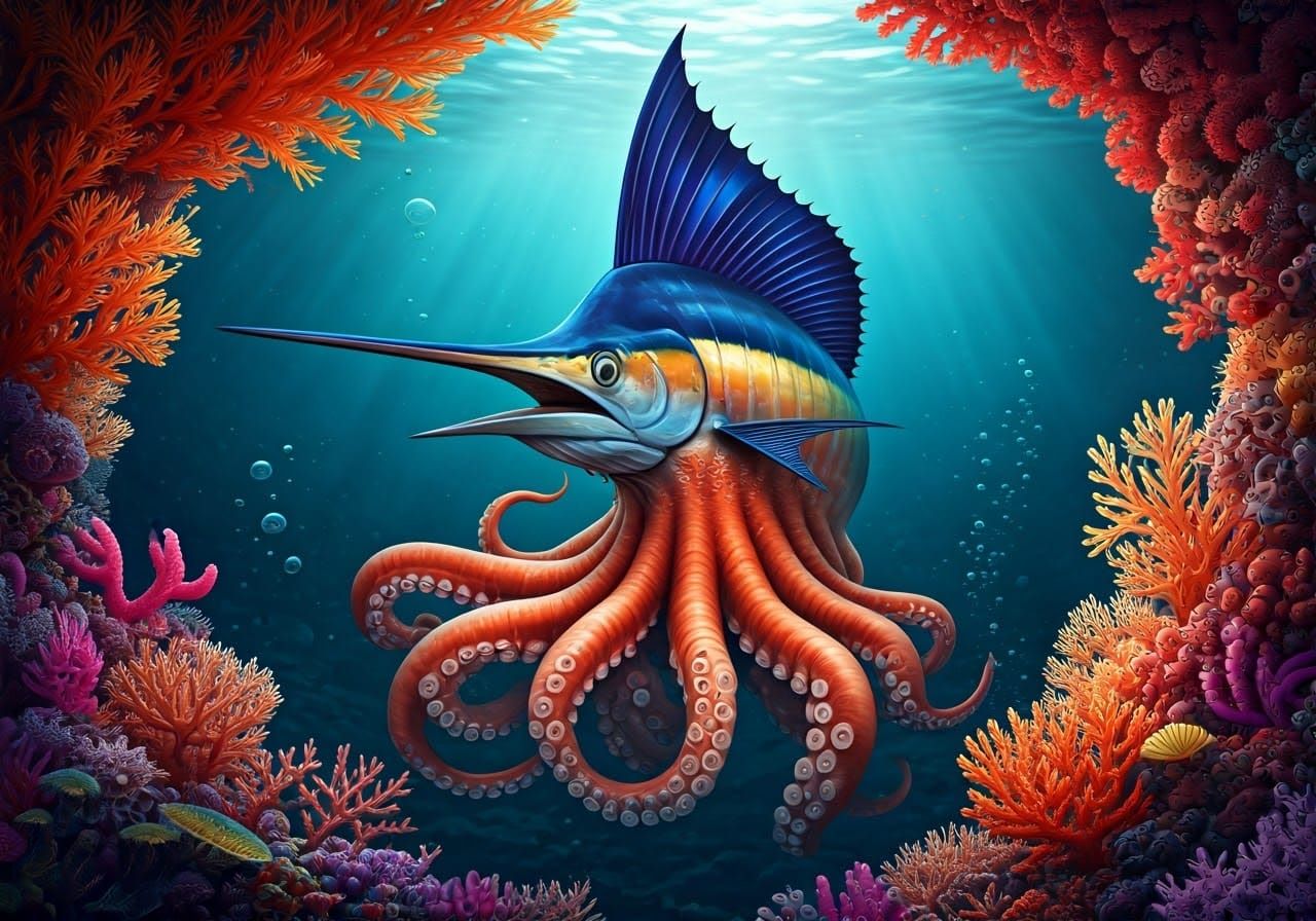 Hybrid Marlin Octopus Creature in Coral Frame
