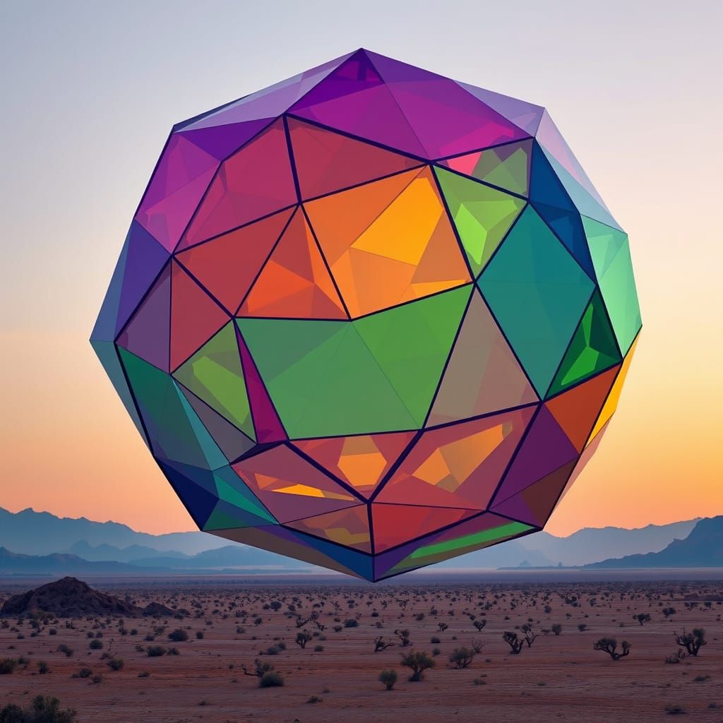 Translucent Polyhedron Floats Over Desert at Dusk
