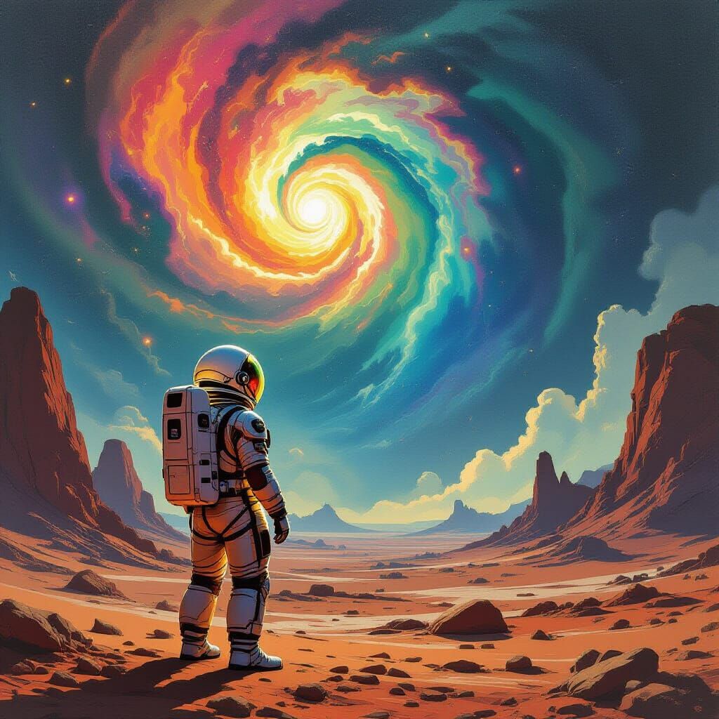 A lone astronaut stands on a desolate, alien planet, gazing ...