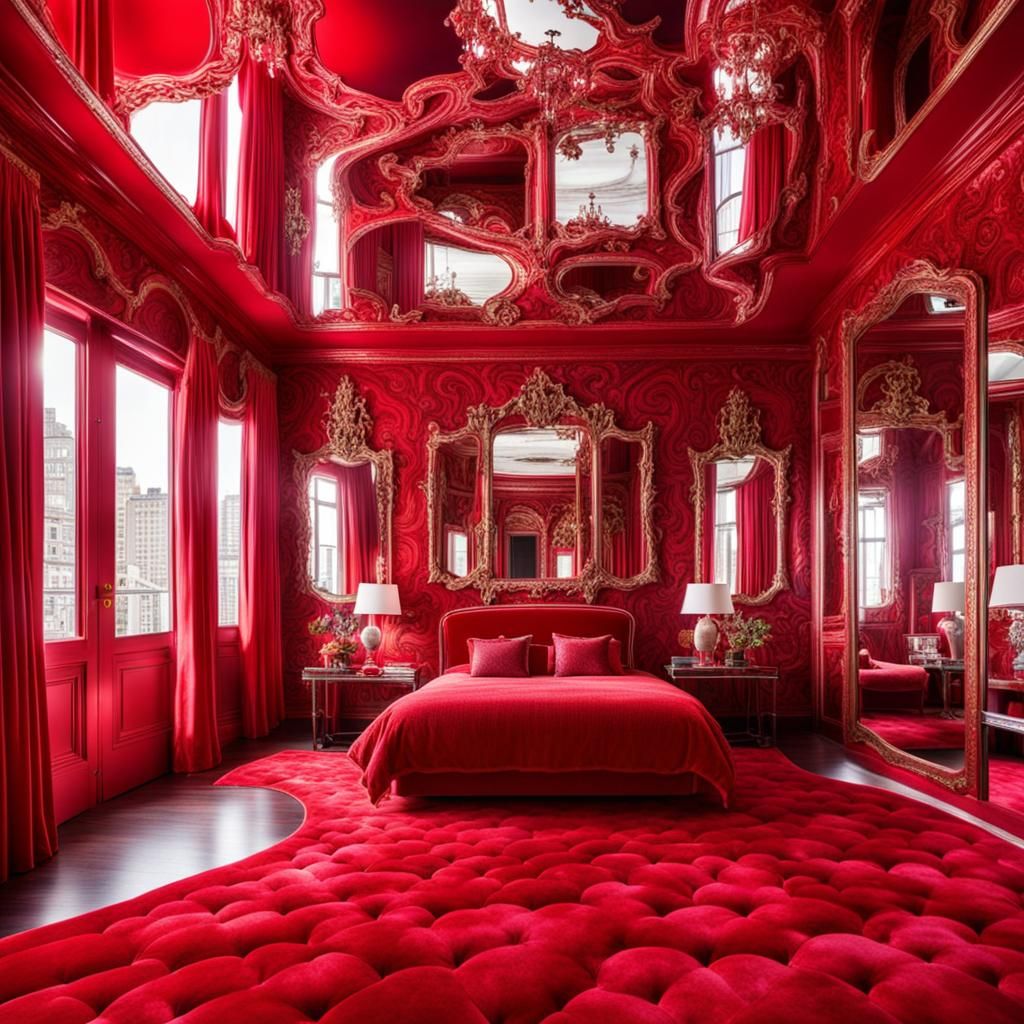 Trippy Red Boudoir with Mirrored Ceiling