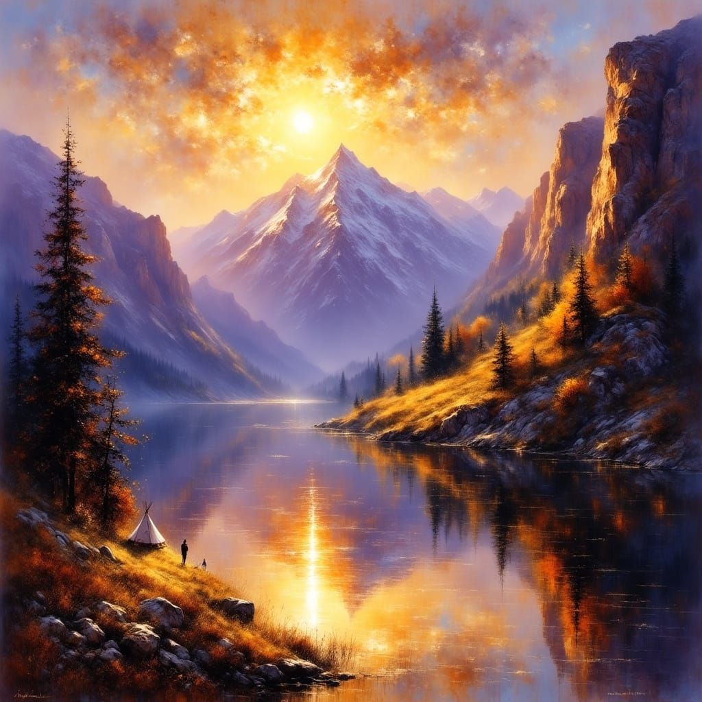 Sunrise Over Mountain Lake with Native American Village