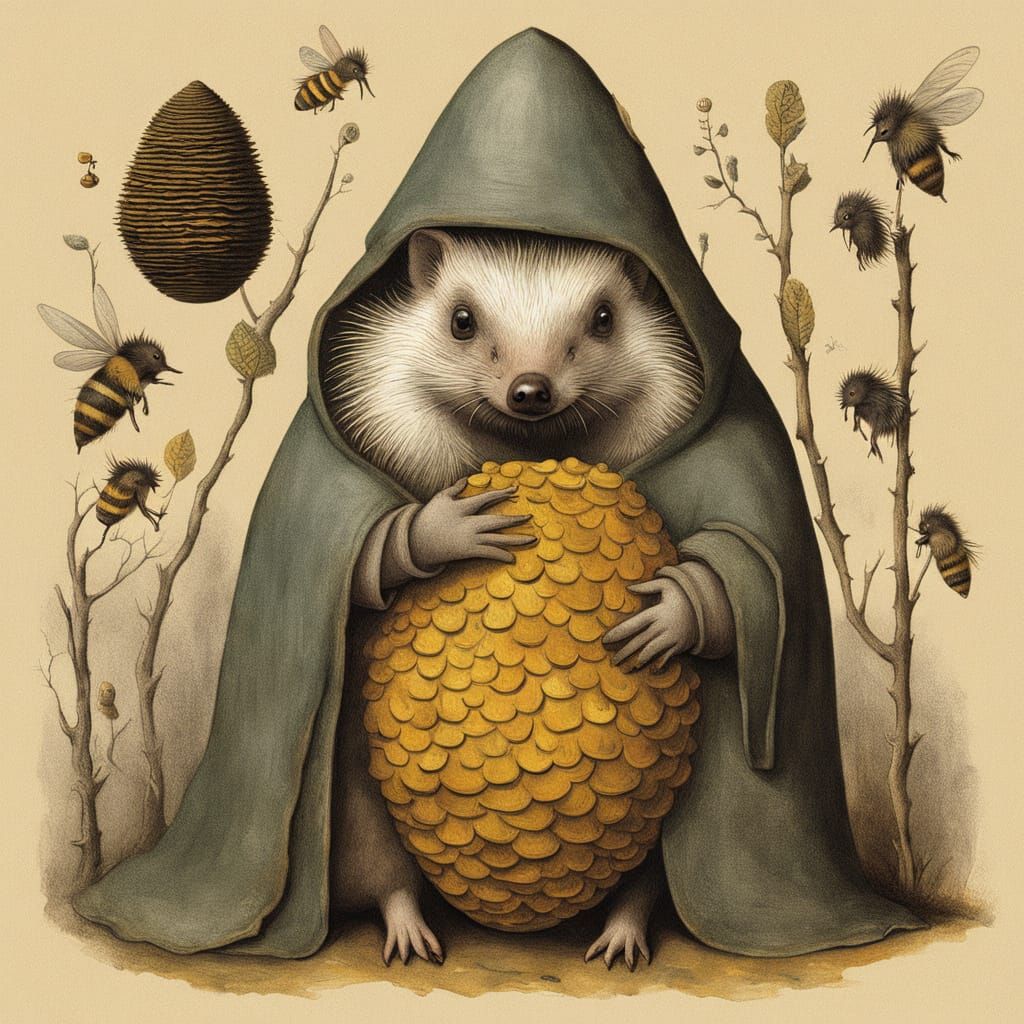 Hedgehog Places Voivode in Beehive in Art Brut Style