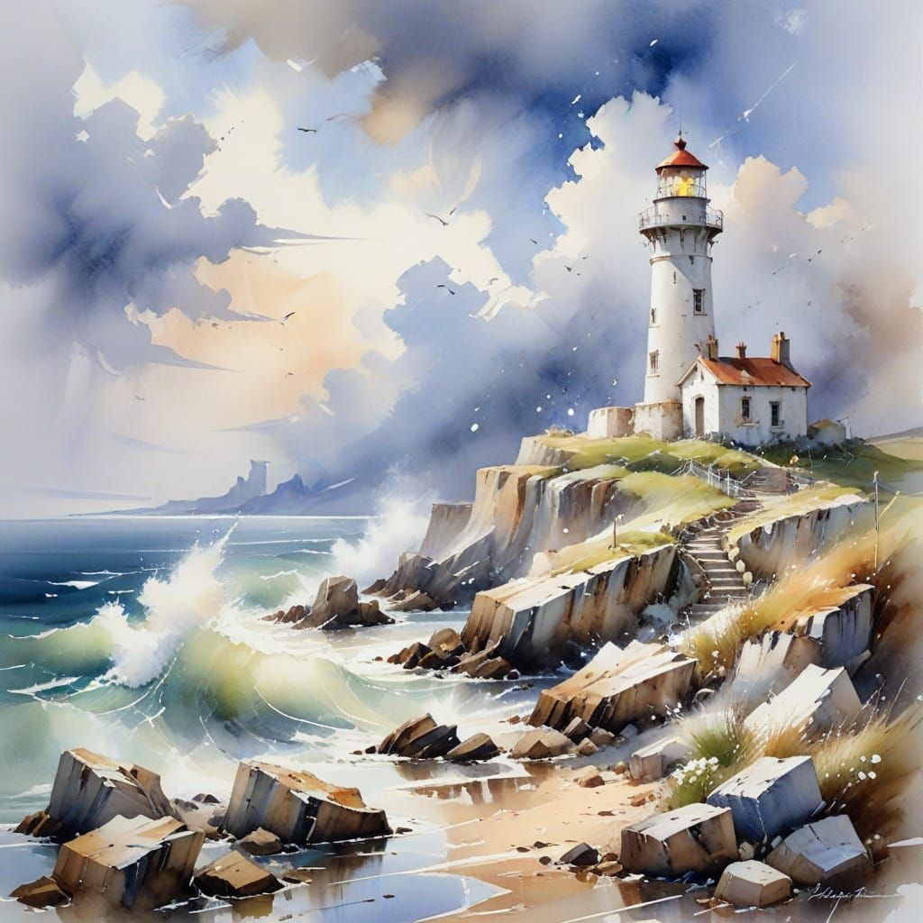 Stoat at Ruined Lighthouse: Watercolour Coastal Scene