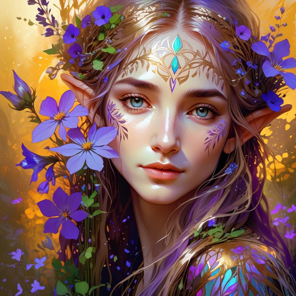 Enchanting Elf with Wildflowers: Detailed Organic Art
