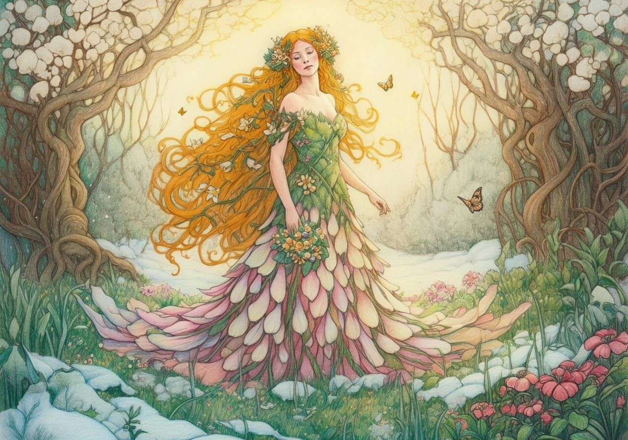 Goddess of Spring in a Lush Meadow