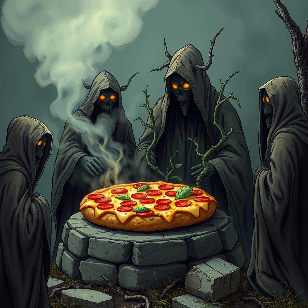 Pizza Cult Ritual with Rainbow Cheese and Thorny Vines