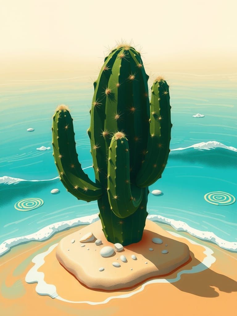 Emerald Cactus Island Digital Illustration