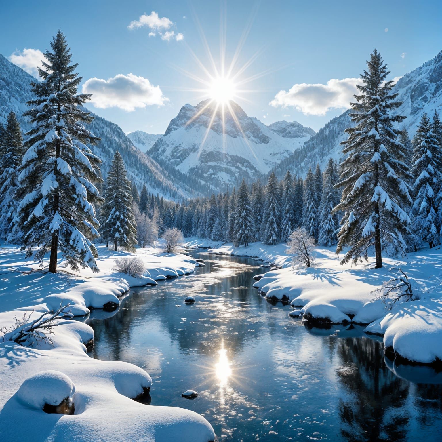 Serene Winter Landscape with Snow-Covered Pines and Reflecti...