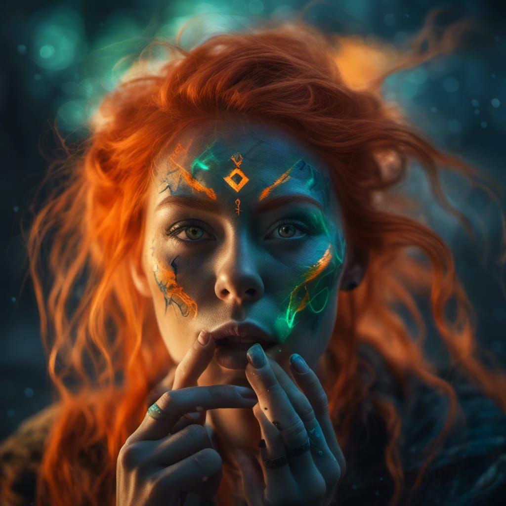 Woman with Runes Making Silence Sign