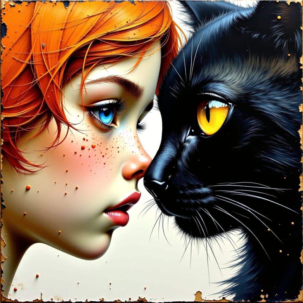 Girl and Black Cat: Intimate Impasto Oil Painting
