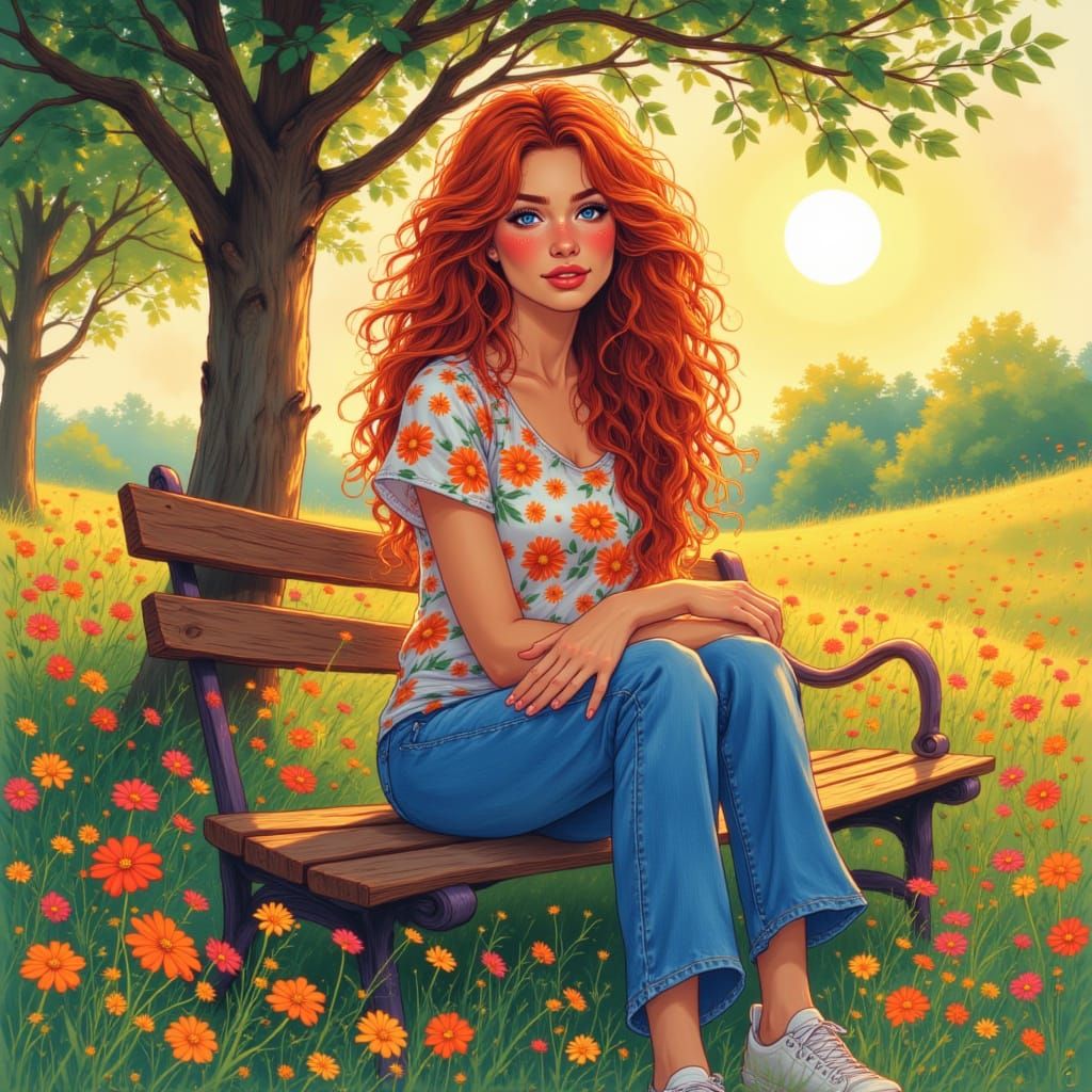 Woman in Floral Shirt on Bench Under Flowering Tree