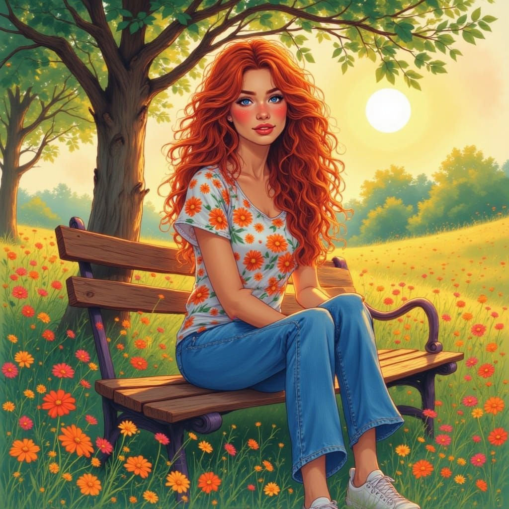 Woman in Floral Shirt on Bench, Watercolor Art