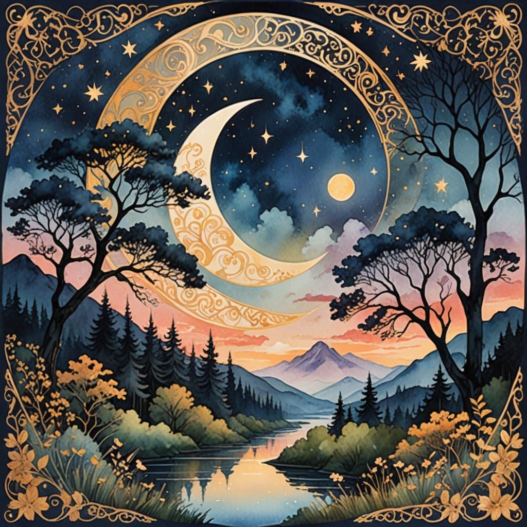 Golden Crescent Moon Framing a Dreamy Night Forest Scene