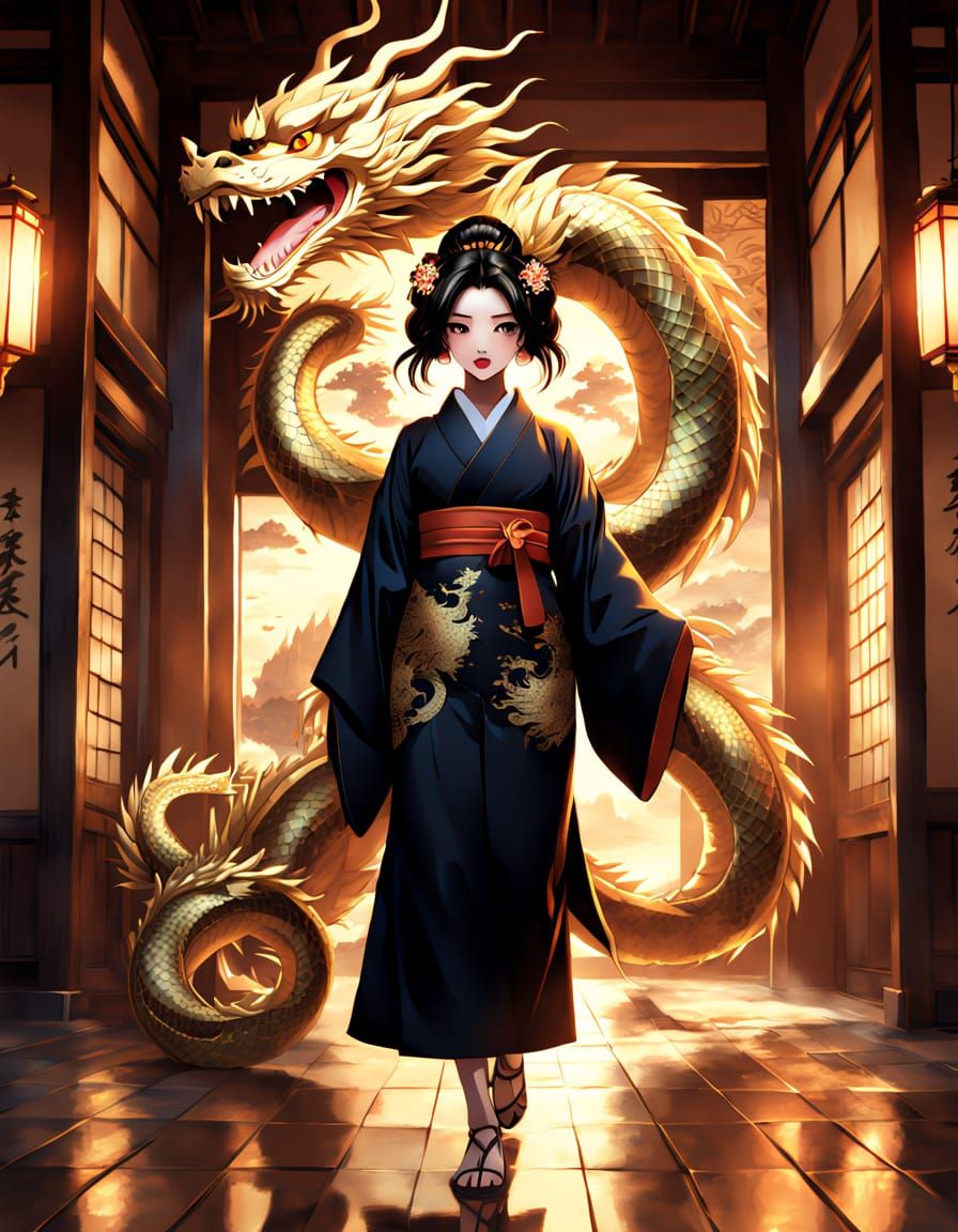 Geisha and Dragon in Ancient Japanese Castle