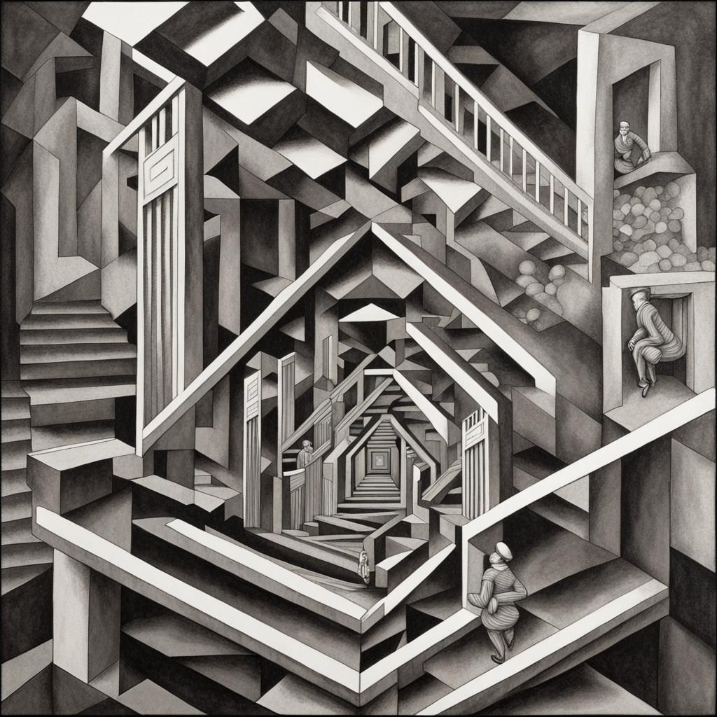 Escher and Klimt: Geometric Staircase in Black and White