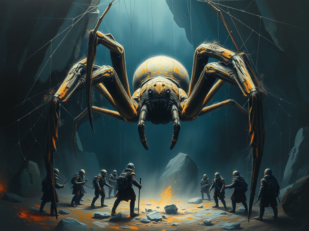 Colossal Spider Confronts Brave Warriors in Dark Cave