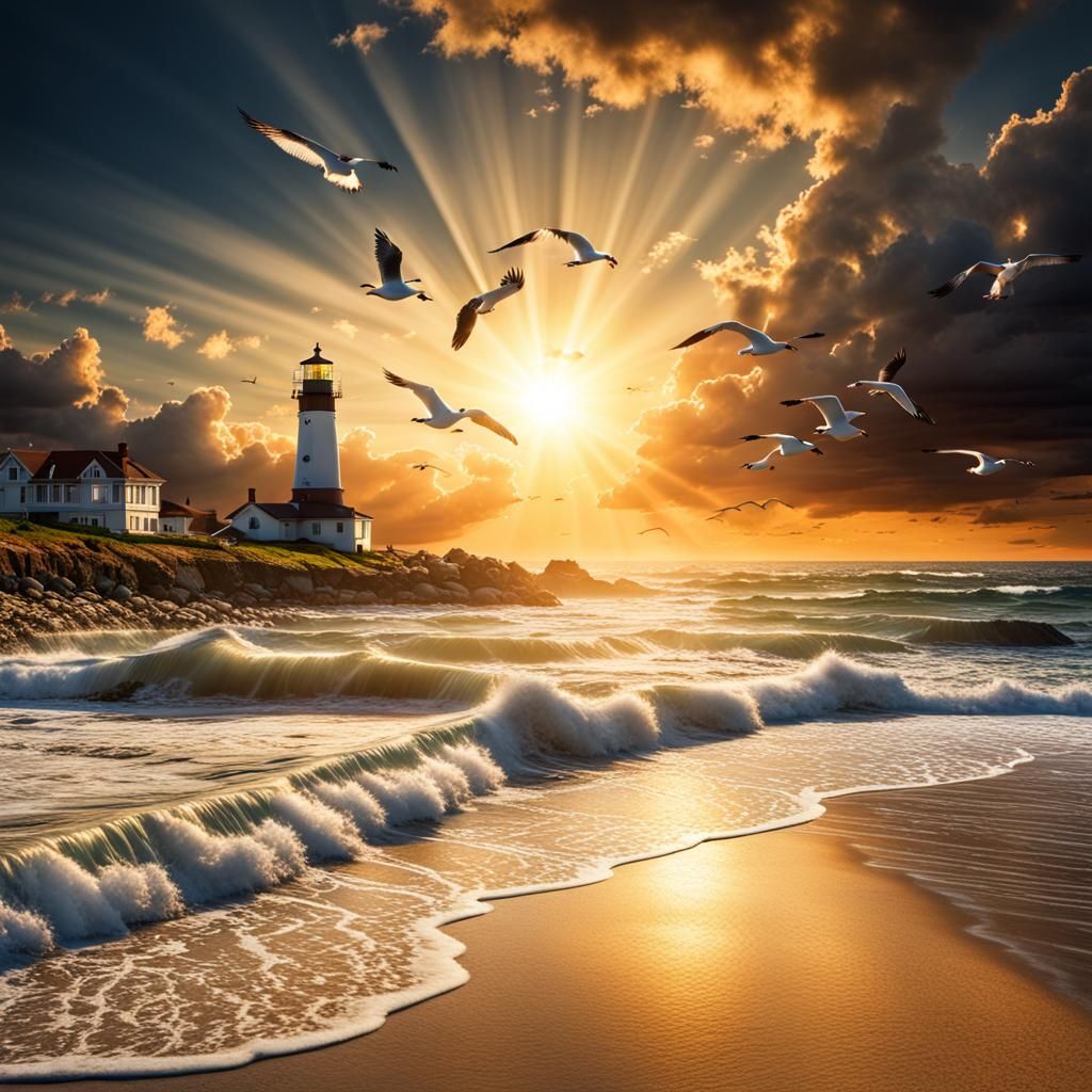 Beach Sunset with Lighthouse and Sun Rays