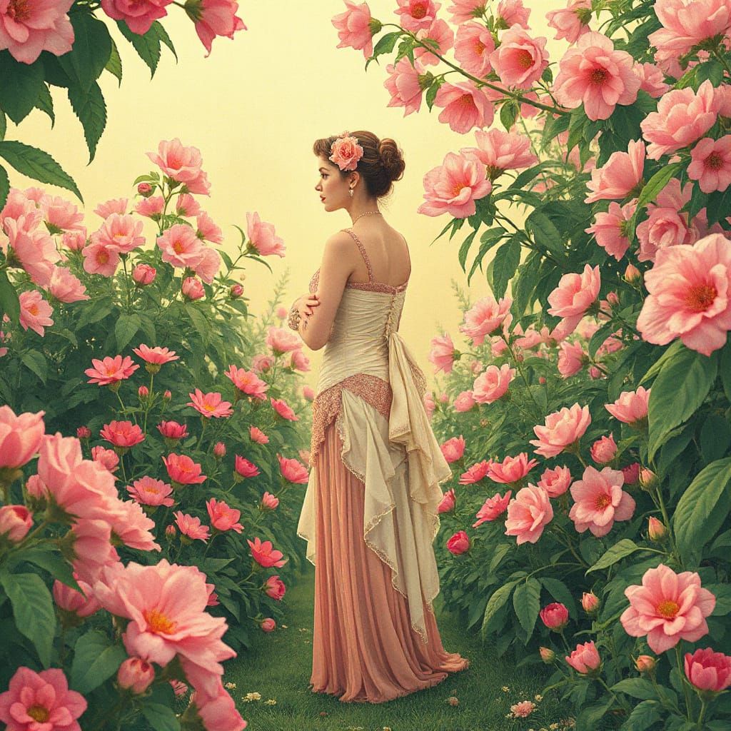 Elegant Figure in Vibrant Garden, Art Nouveau Style