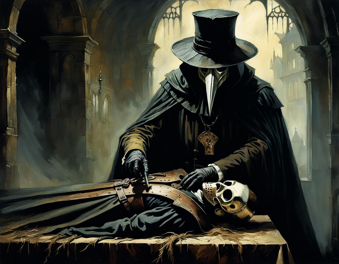 Grim Plague Doctor Tending Victim in Medieval Era