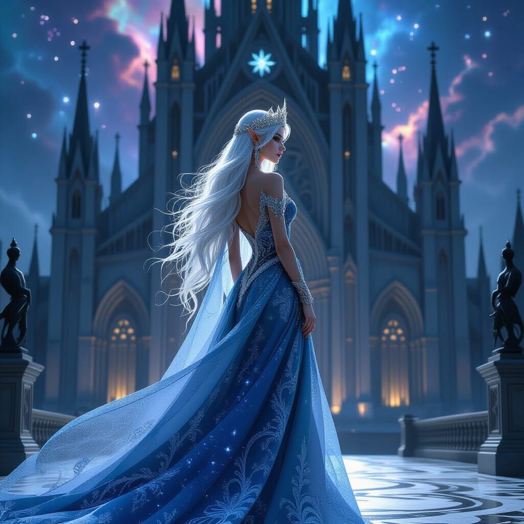 Elven Queen Before Nebula Cathedral in Art Nouveau Style