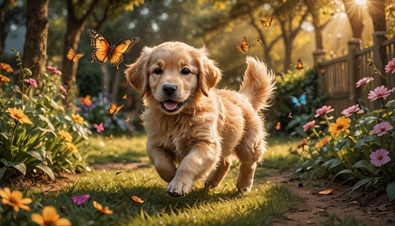 Golden Retriever Puppy Chasing Butterfly: Fantasy Concept Ar...