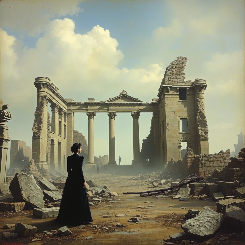 Regal Figure Amidst Palace Ruins in Elegant Decay