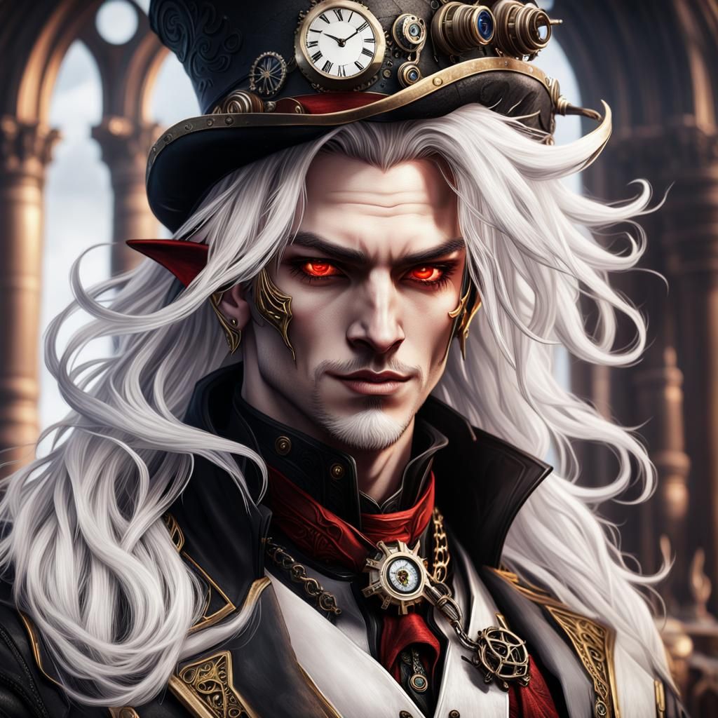 Steampunk Tiefling Portrait with Icy Golden Eyes