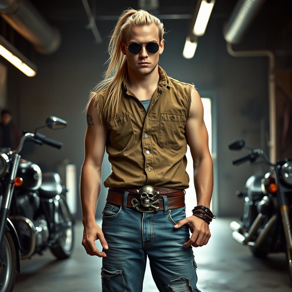 Tough Punk Biker in a Gritty Motorcycle Garage