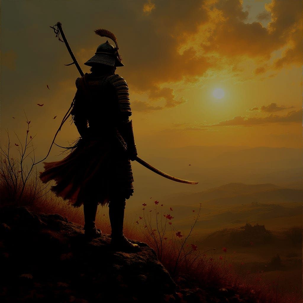 Samurai on Windswept Hill: Dark Fantasy Oil Painting