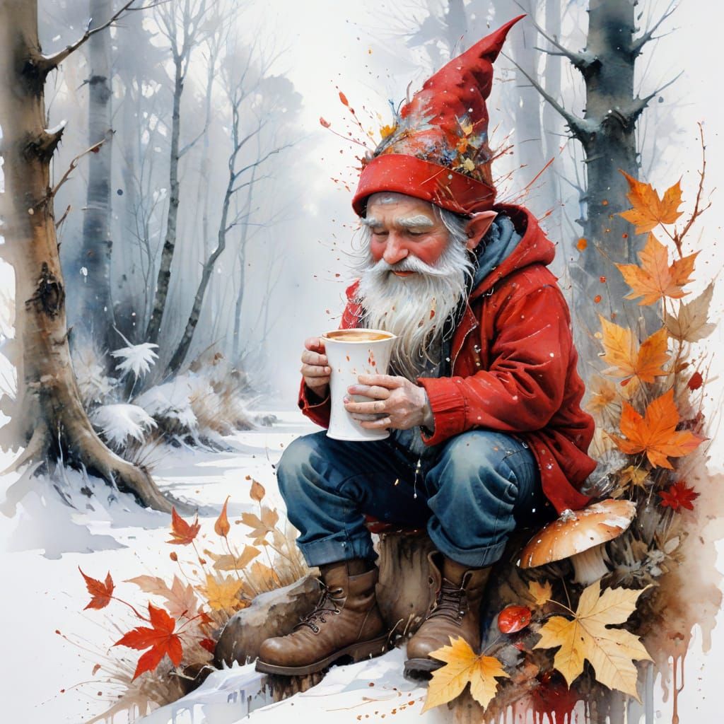 Cute Winter Gnome Enjoys Hot Chocolate in Frosty Woodland