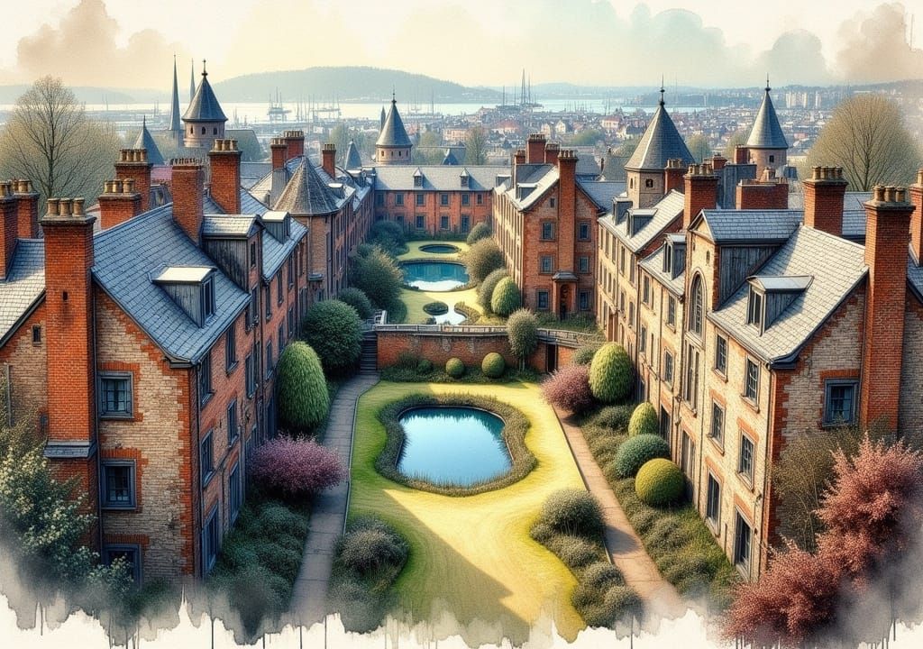 Aerial View: Old Houses, Park and Harbour in Pencil Sketch