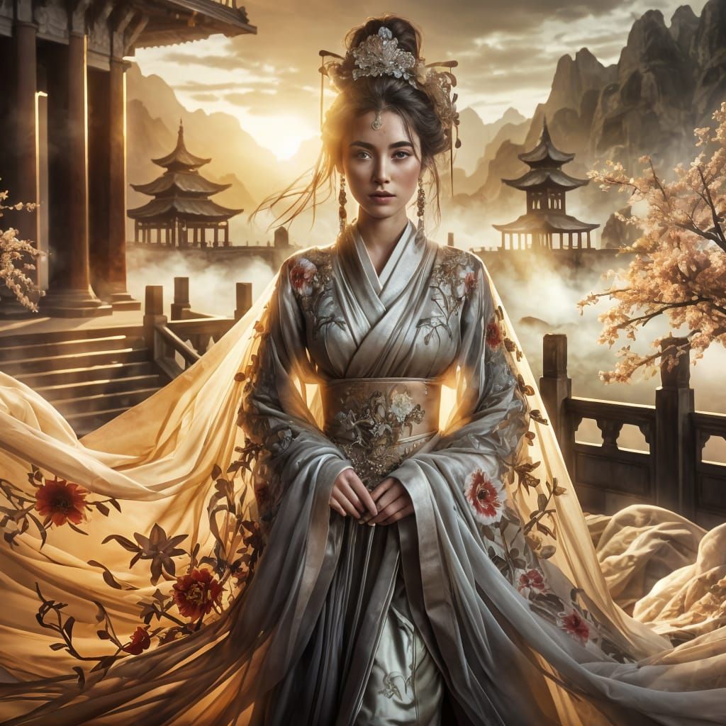 Majestic East Asian Princess in Golden Hour Glory