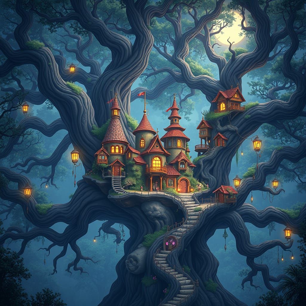Fantastical Treehouse Village in Anime Style