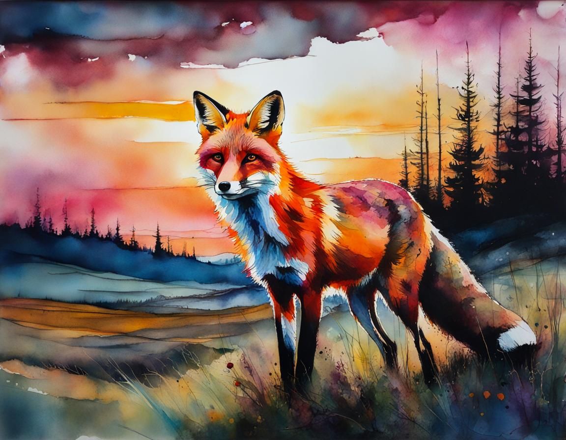 Fox at Sunrise in Alcohol Ink Style