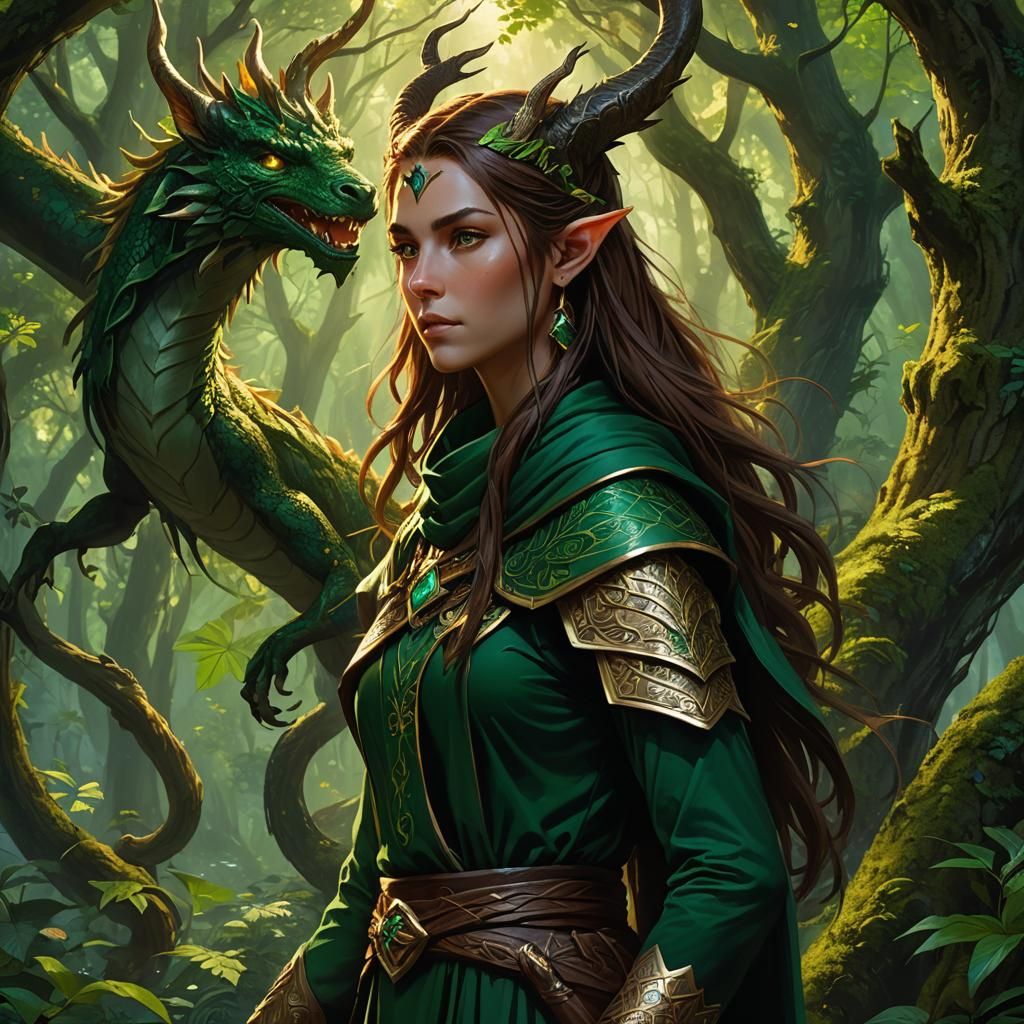 Wood Elf Monk with Dragon in Emerald Forest