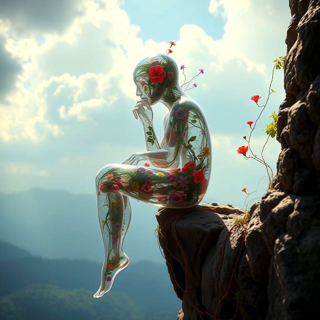 Glass Person Filled with Flowers on Cliff Edge