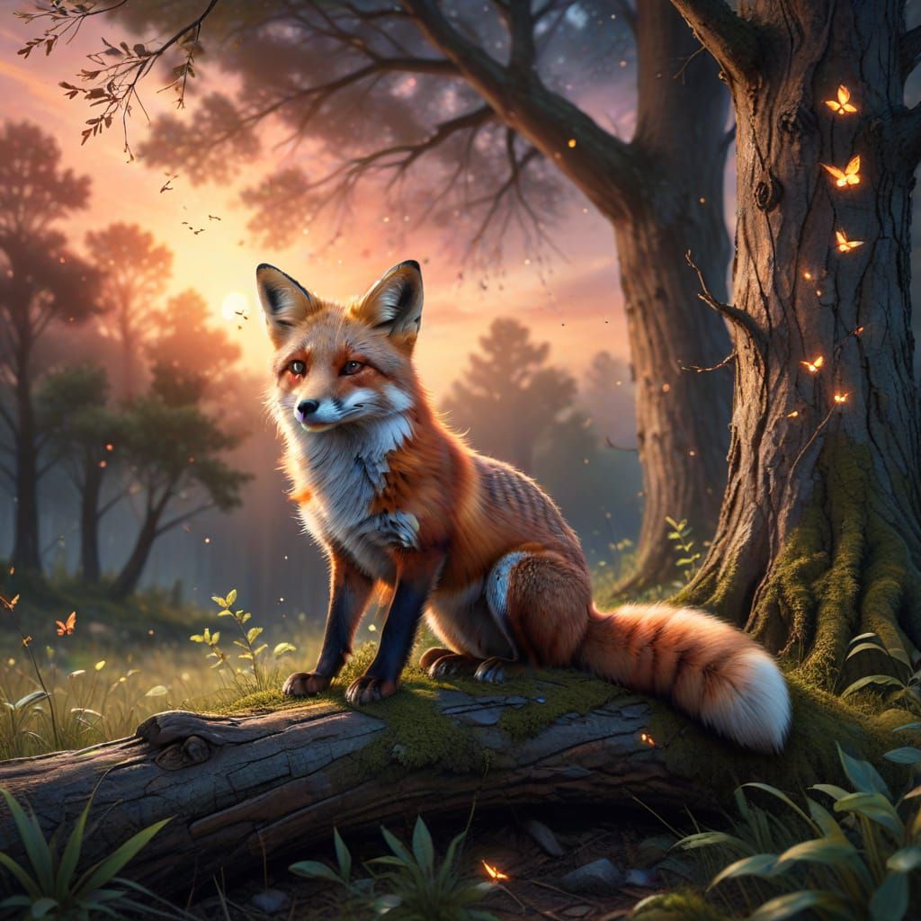 Realistic Red Fox at Dusk in Forest, Watercolor Style