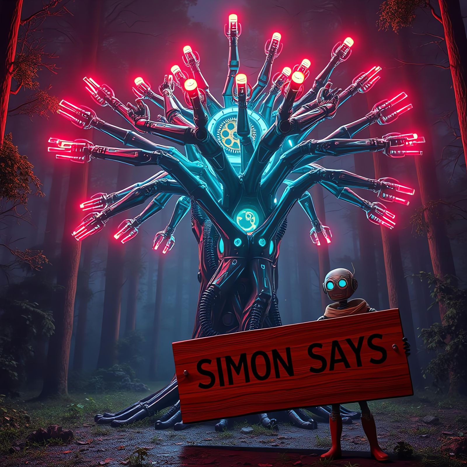 Cyberpunk Robotic Tree in Neon Forest