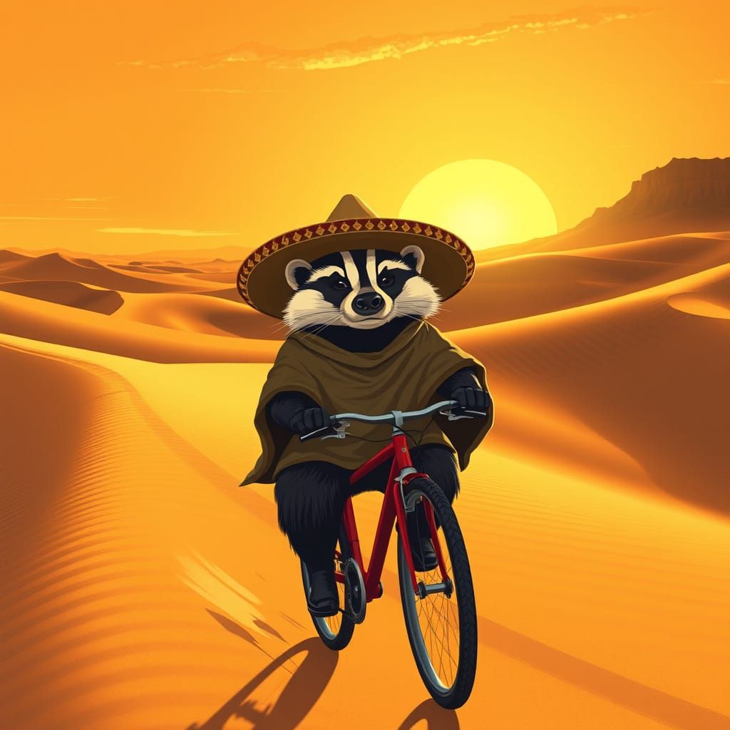 Badger on Bicycle in Desert, Vintage Illustration