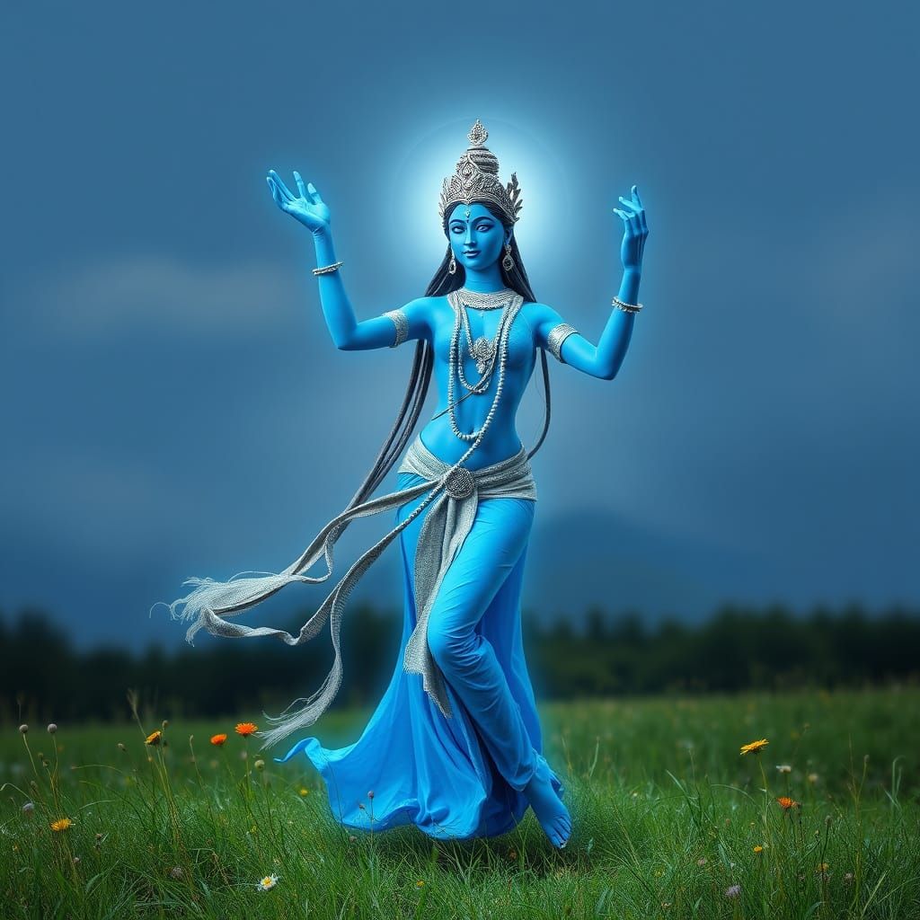 Blue Goddess Dances on a Vibrant Meadow