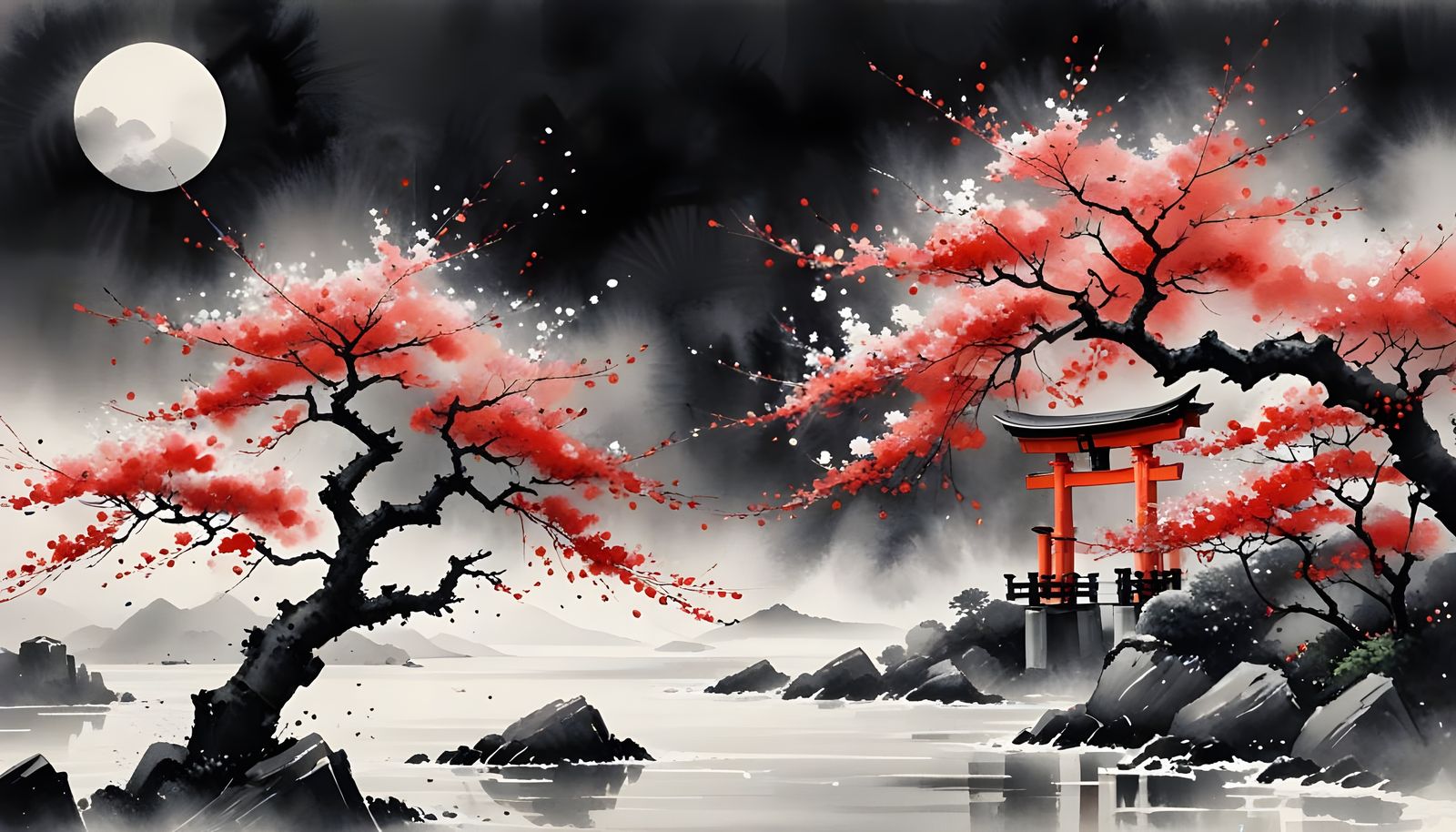 Japanese Ink Painting of Torii Gate and Sakura