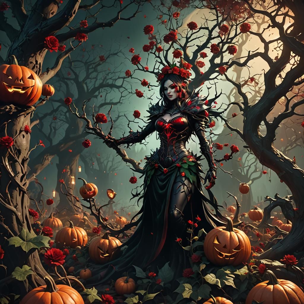Halloween Night: Red and Black Flowers in Dark Fantasy Style