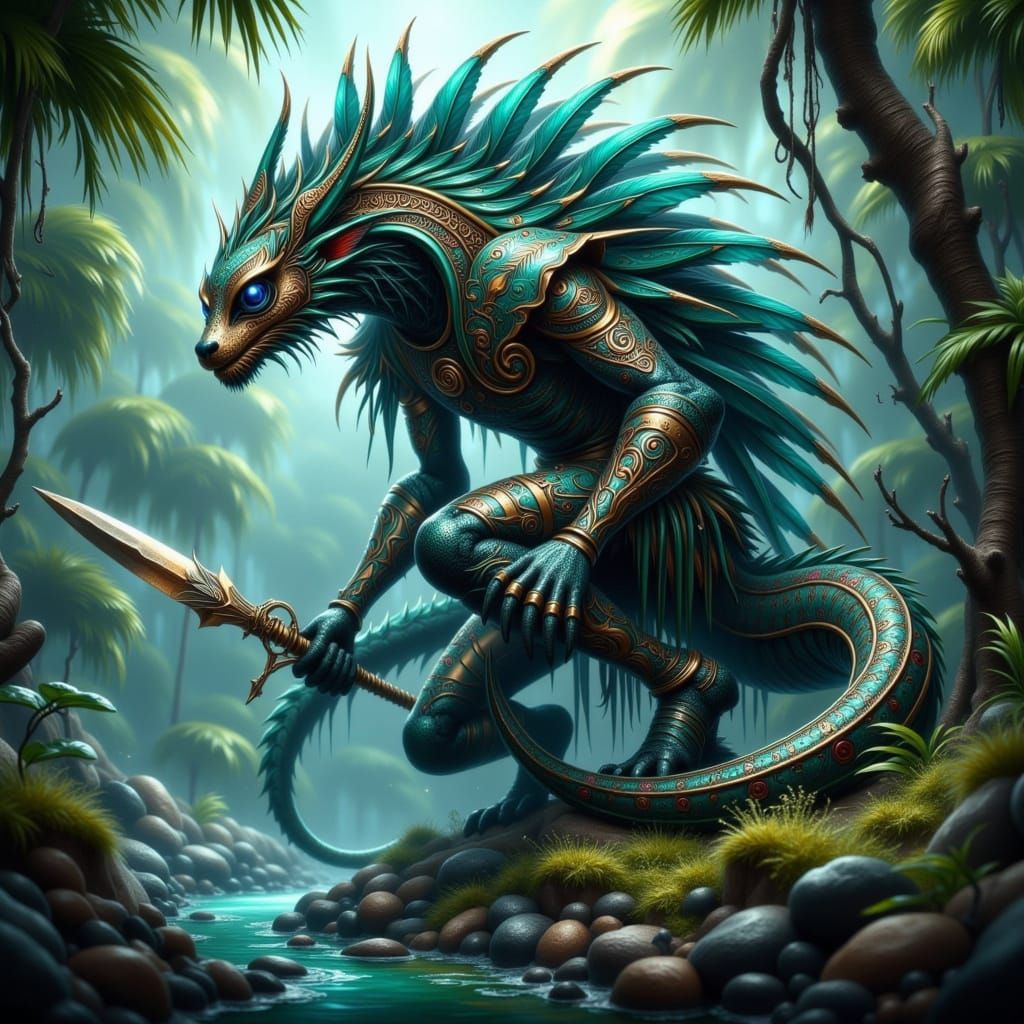 Mystical Quetzalcóatl Warrior in Tropical Cove