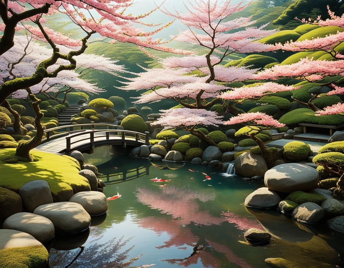 Japanese Garden with Blossoms in Woodblock Style