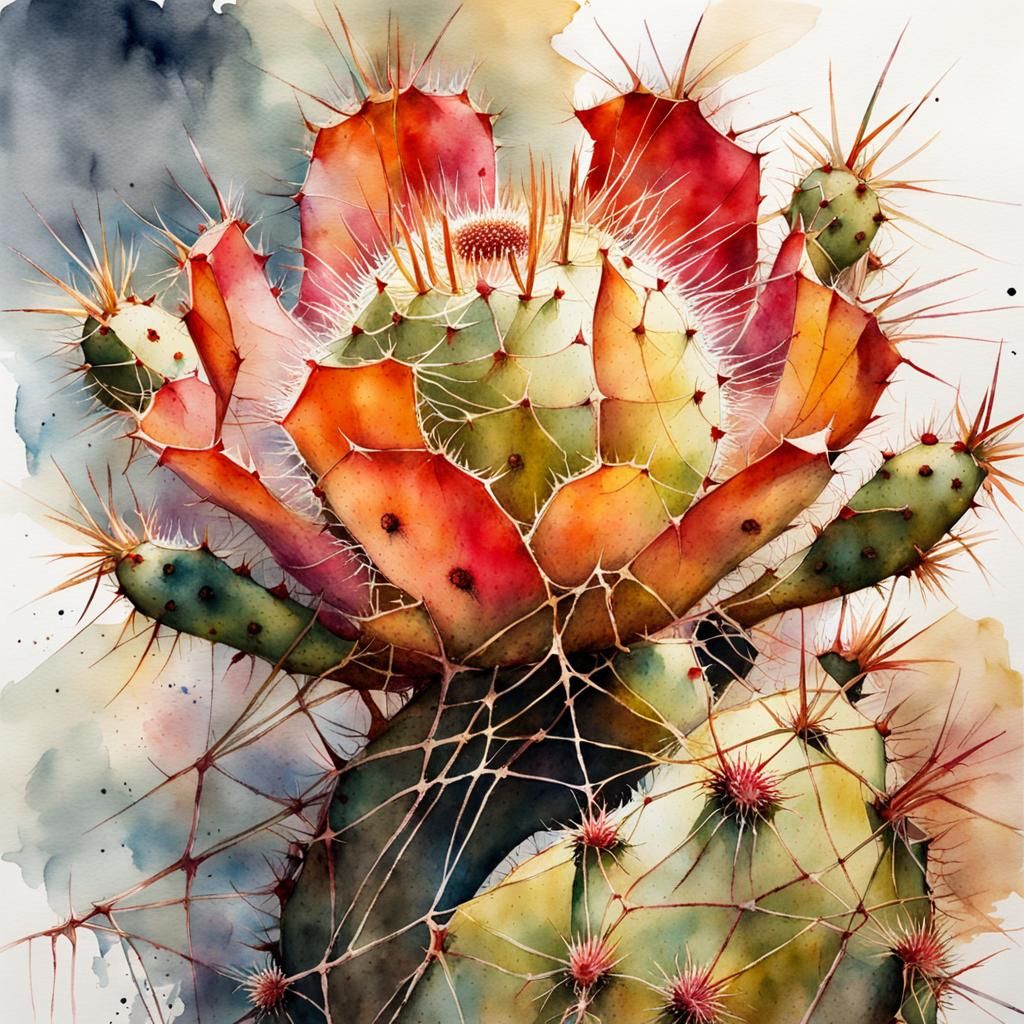 Prickly Pear Cactus with Spiderweb in Watercolor